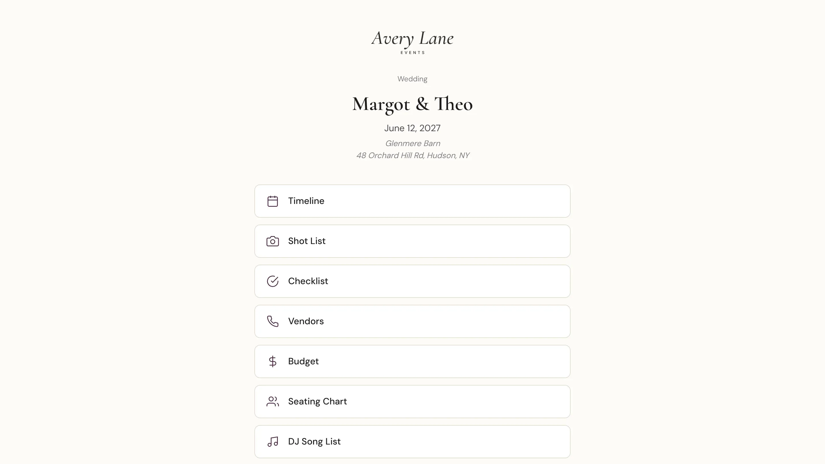 A client event hub, as the couple sees it after entering their PIN.