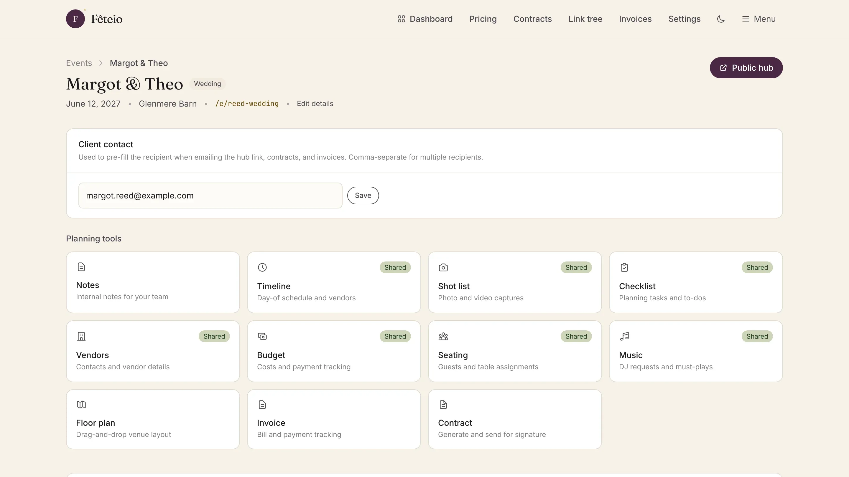 An event in the Fêteio dashboard: Margot & Theo's wedding, with its client contact and the planning tools grid from Notes and Timeline to Invoice and Contract.