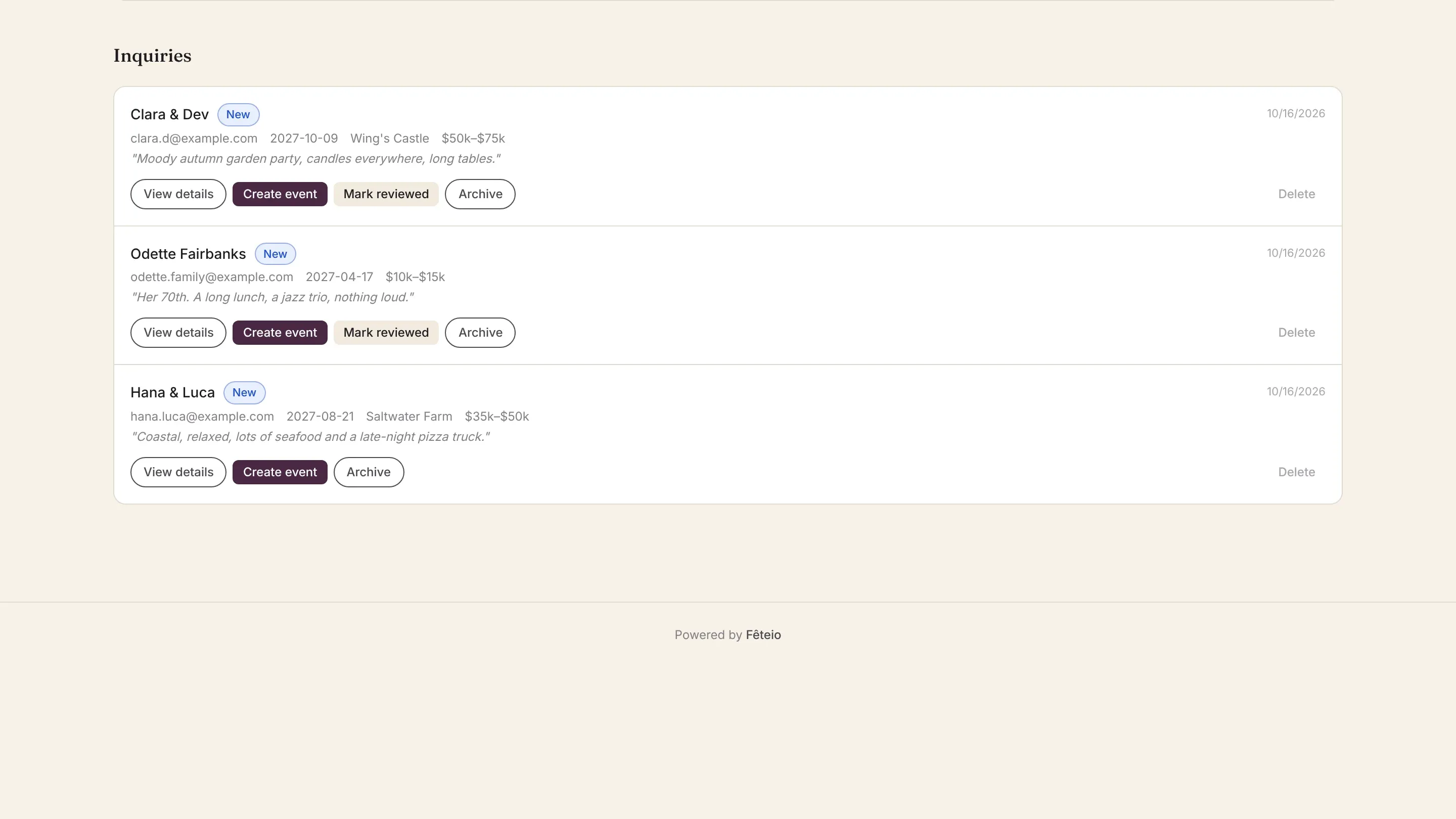 Inquiries in the Fêteio dashboard, each with the date, venue, budget range and the client's own description.