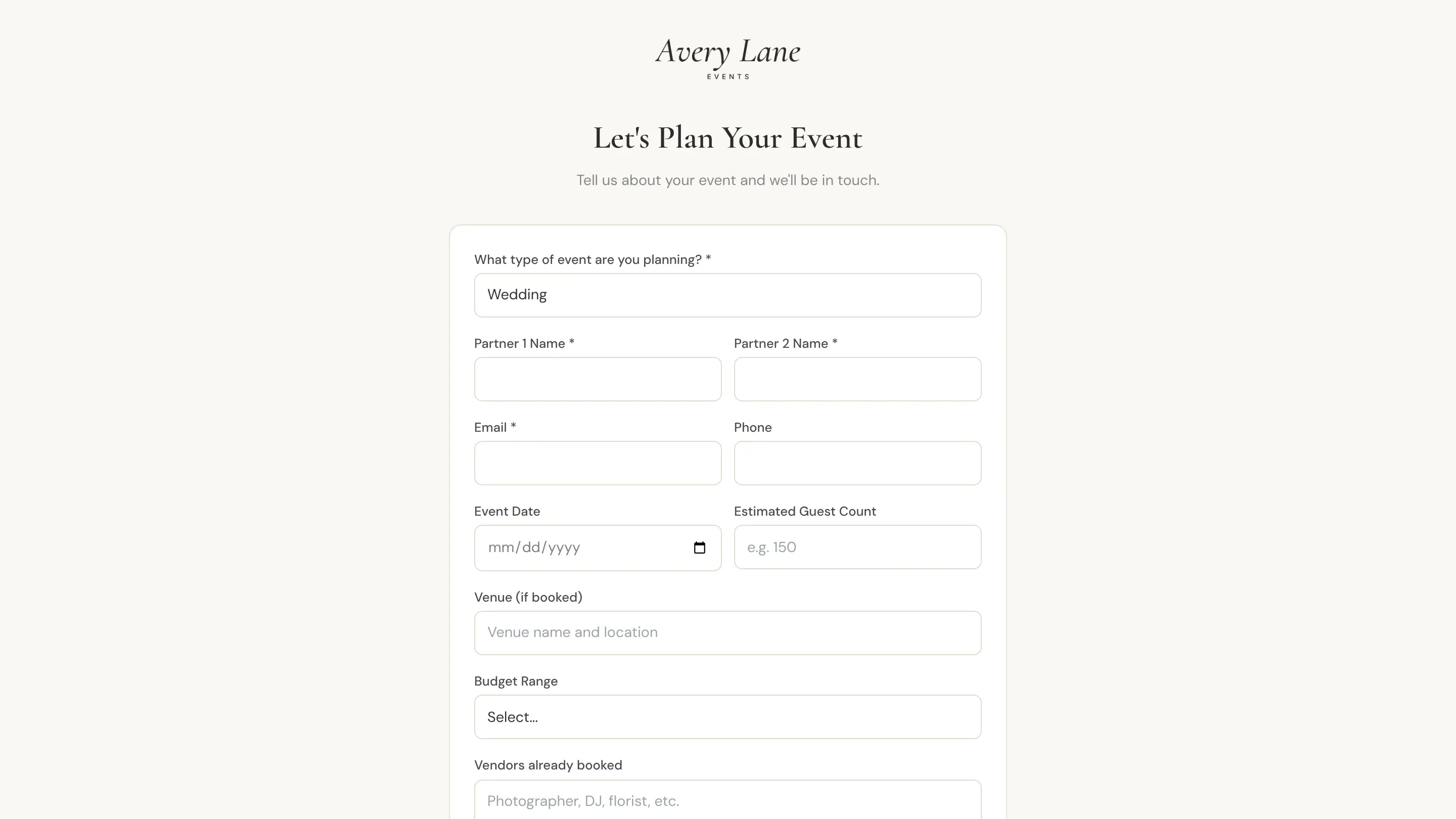 A planner's branded inquiry form, as a prospective client sees it.