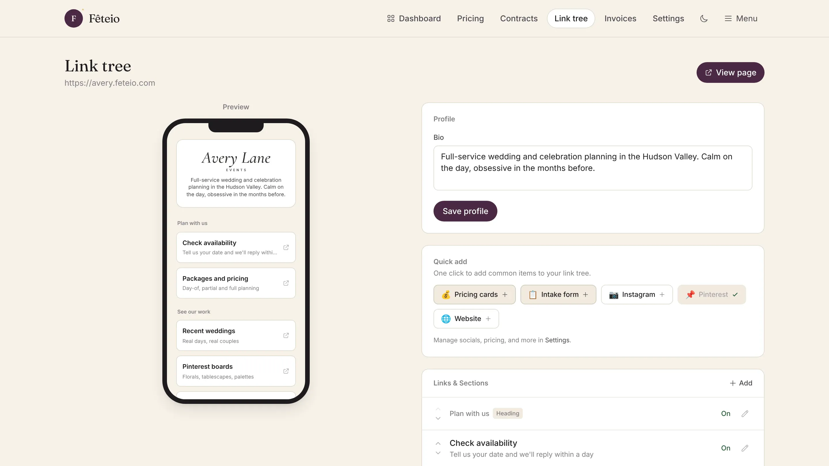The Fêteio link tree editor, with a phone preview beside the list of links.