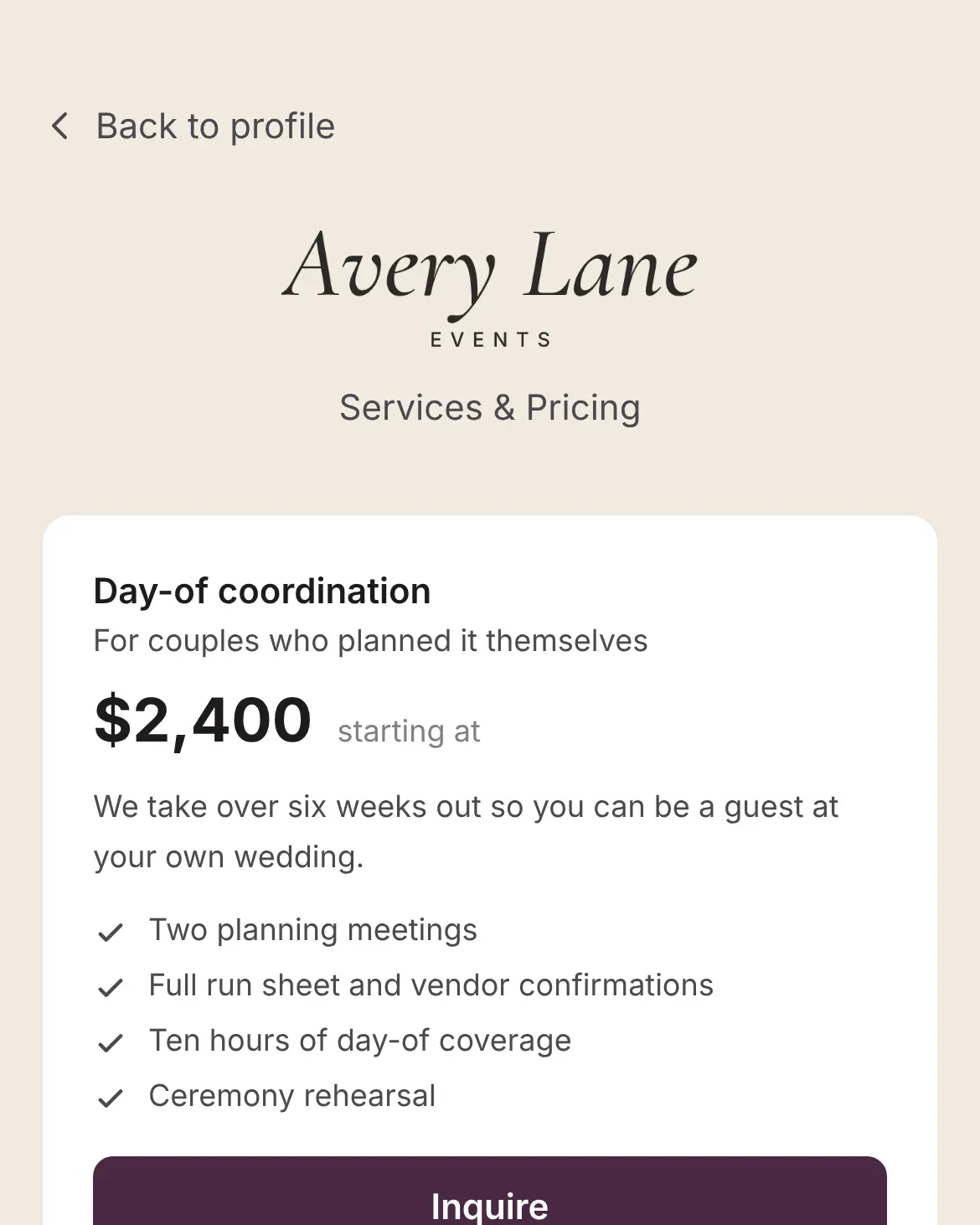 Service pricing page on a phone